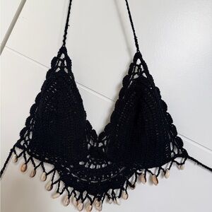 Black Crochet Halter Top with Shell Accents